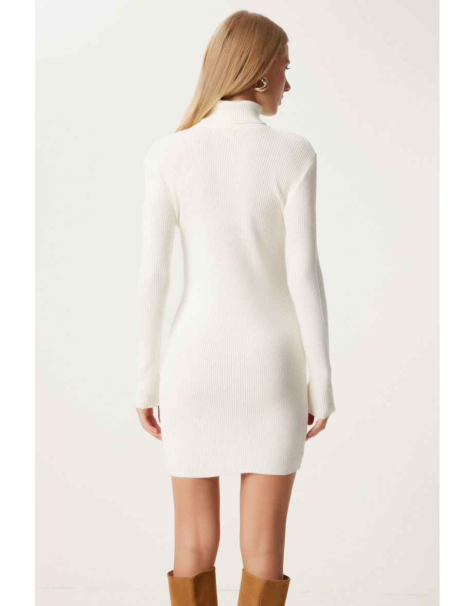Women's White Turtleneck Sweater Dress - 4