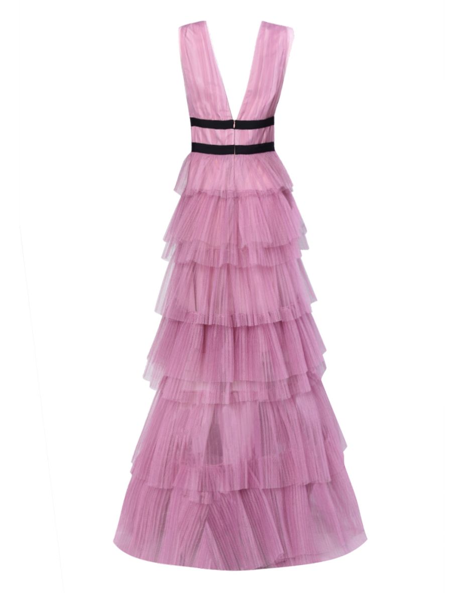 Eliza Dark Pink Plunging Neck Layered Tulle Skirt Maxi-Dress - 3