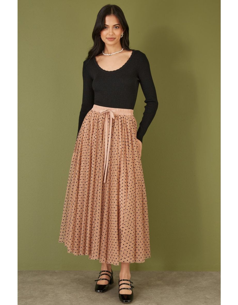 Yumi Brown Mesh Heart Print Tulle Skirt