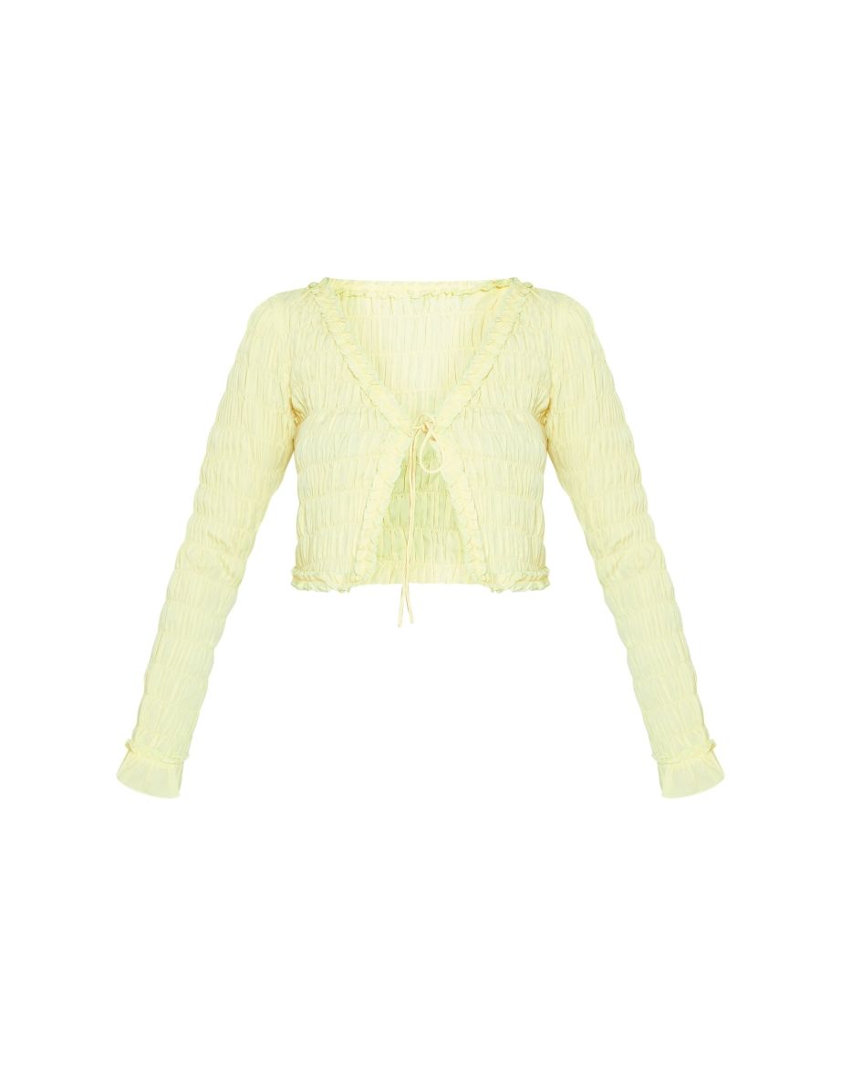 Pale Lime Shirred Tie Front Long Sleeve Crop Top - 4