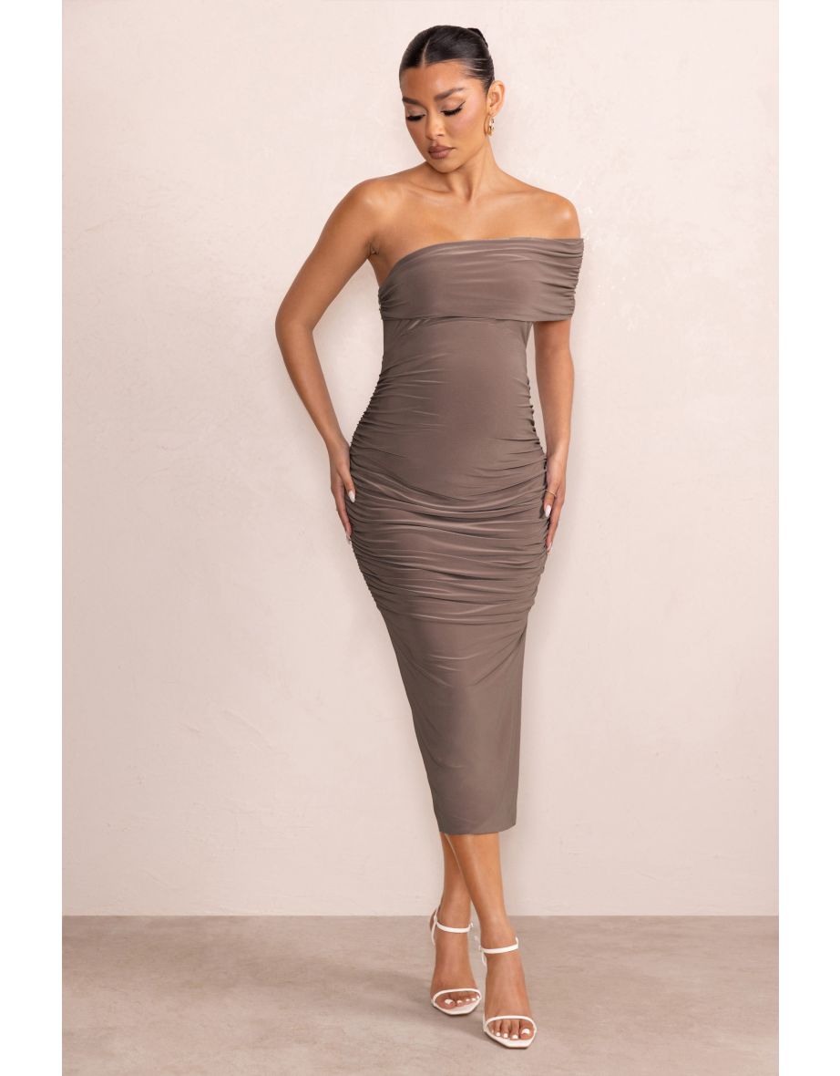 Odelia | Mocha Maternity Midi Dress with Asymmetric Sleeve and Side Split - 4