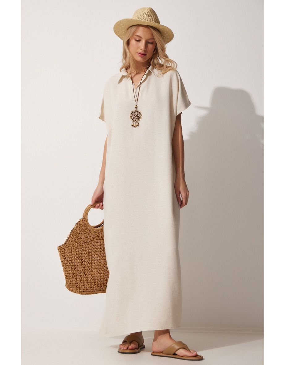 Women's Cream Long Summer Linen Dress with a Necklace