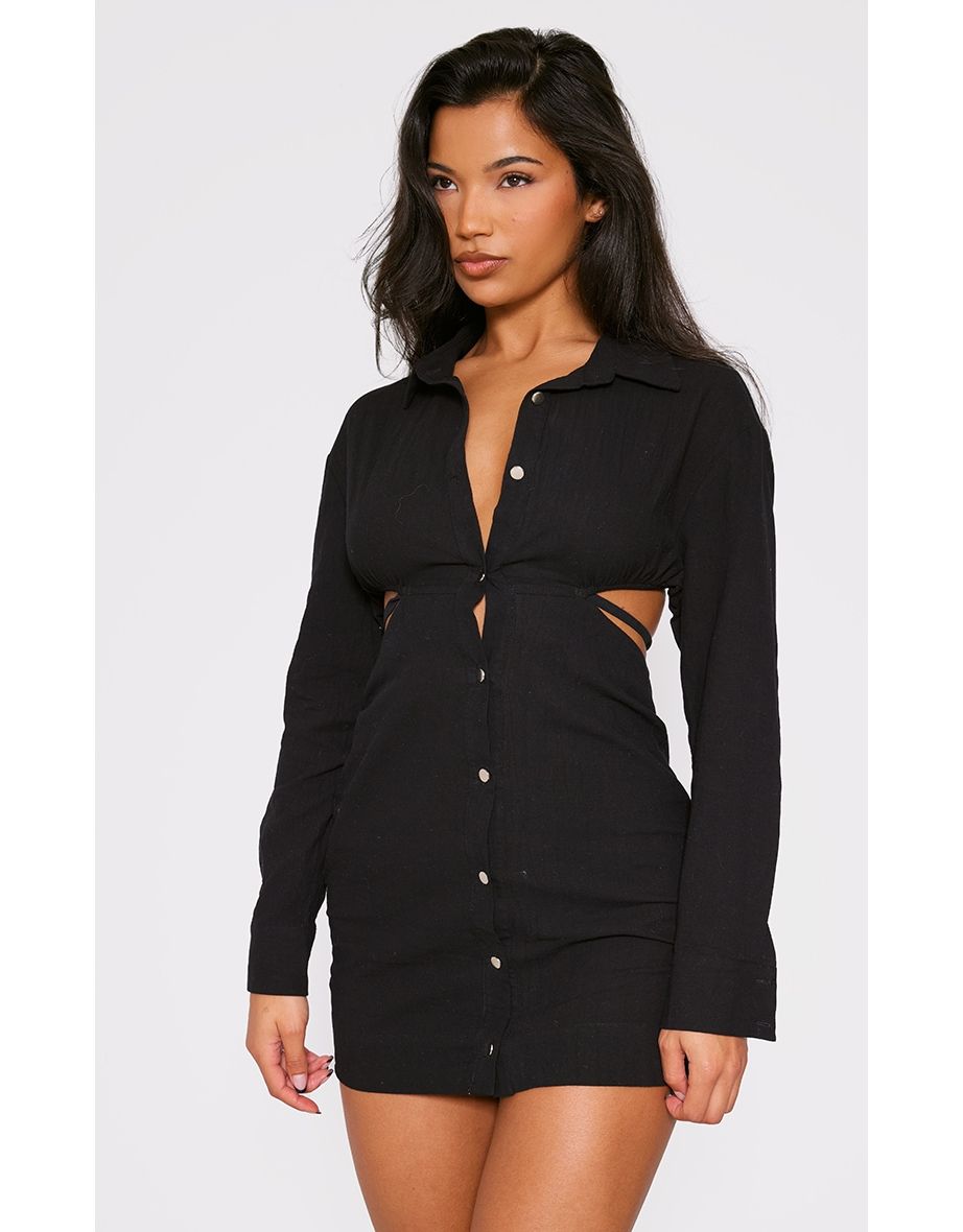 Black Textured Open Back Detail Shirt Dress