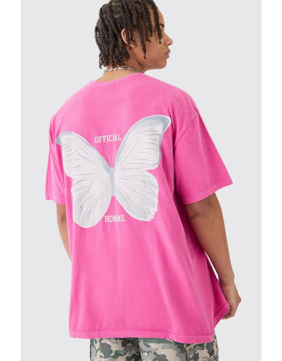 Oversized Extended Neck Butterfly Print Wash T-shirt - pink - 2