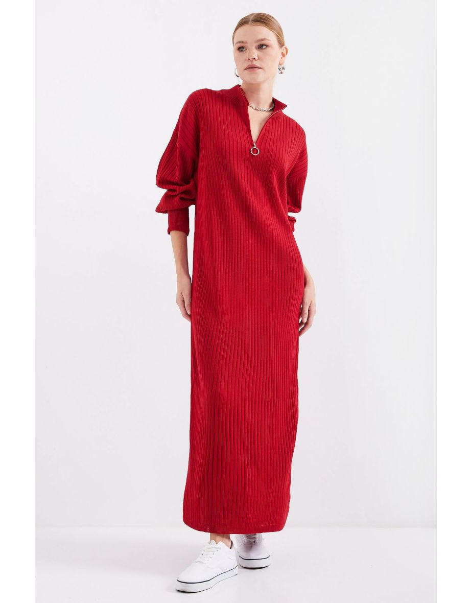 Full-length Knitwear Dress - Red