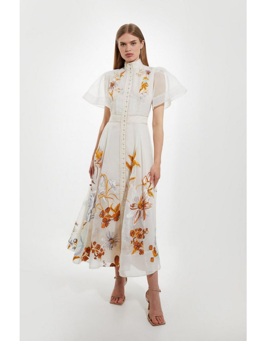 Shop Botanical Embroidery Organdie Angel Sleeve Dress Online