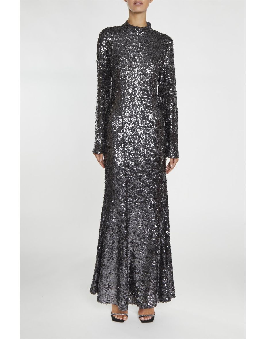Vanessa Dark Pewter Sequin Open Back Maxi Dress