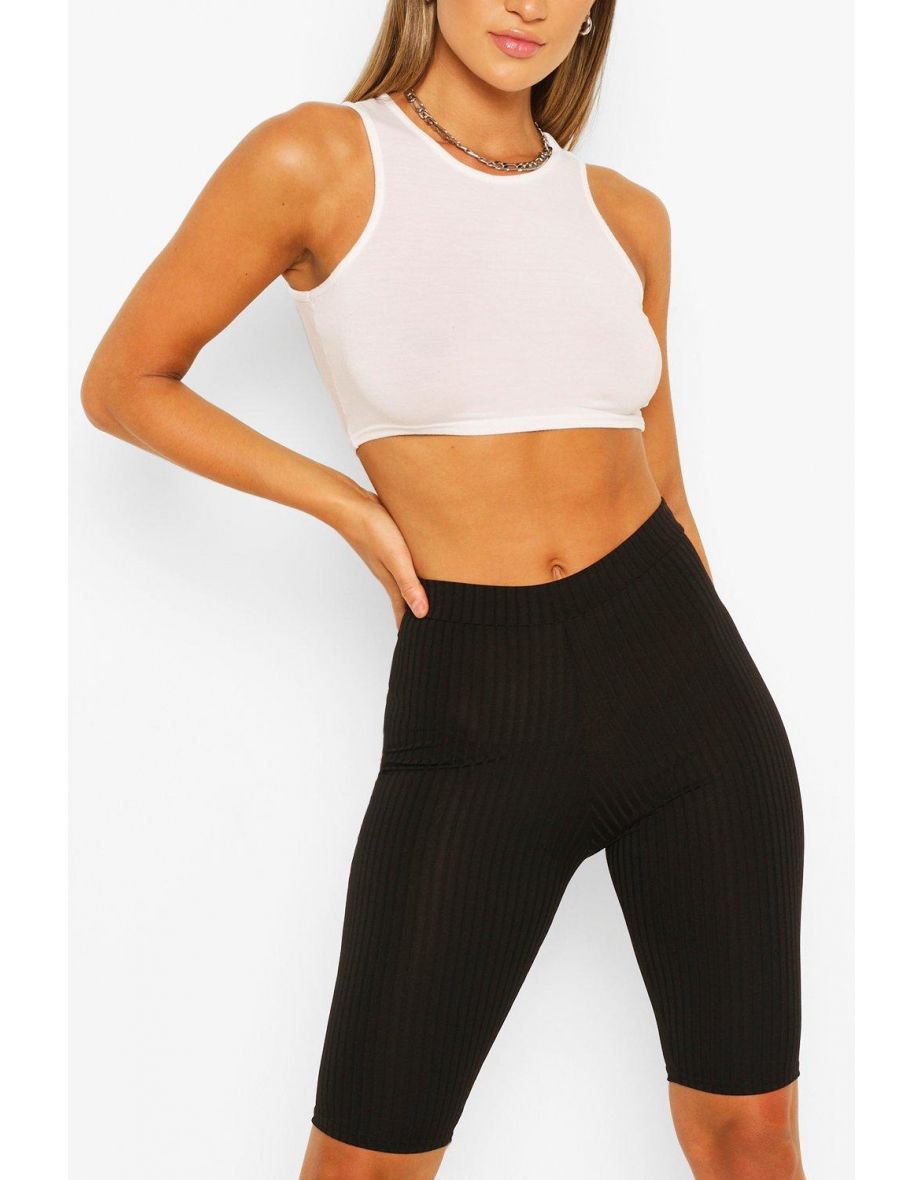 Basic Ribbed High Waist Cycling Shorts  - black