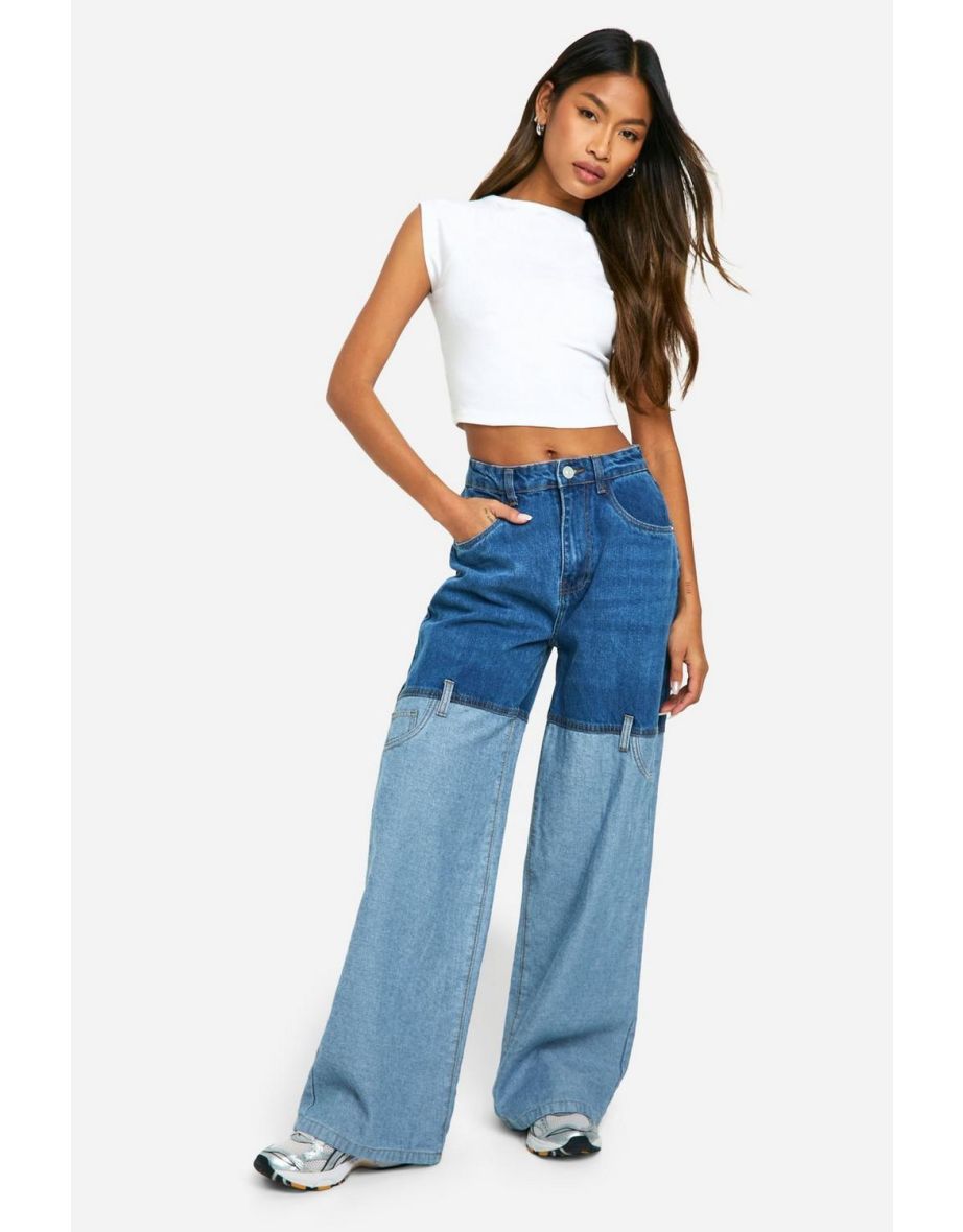 Contrast Seam Detail Wide Leg Jean - mid blue