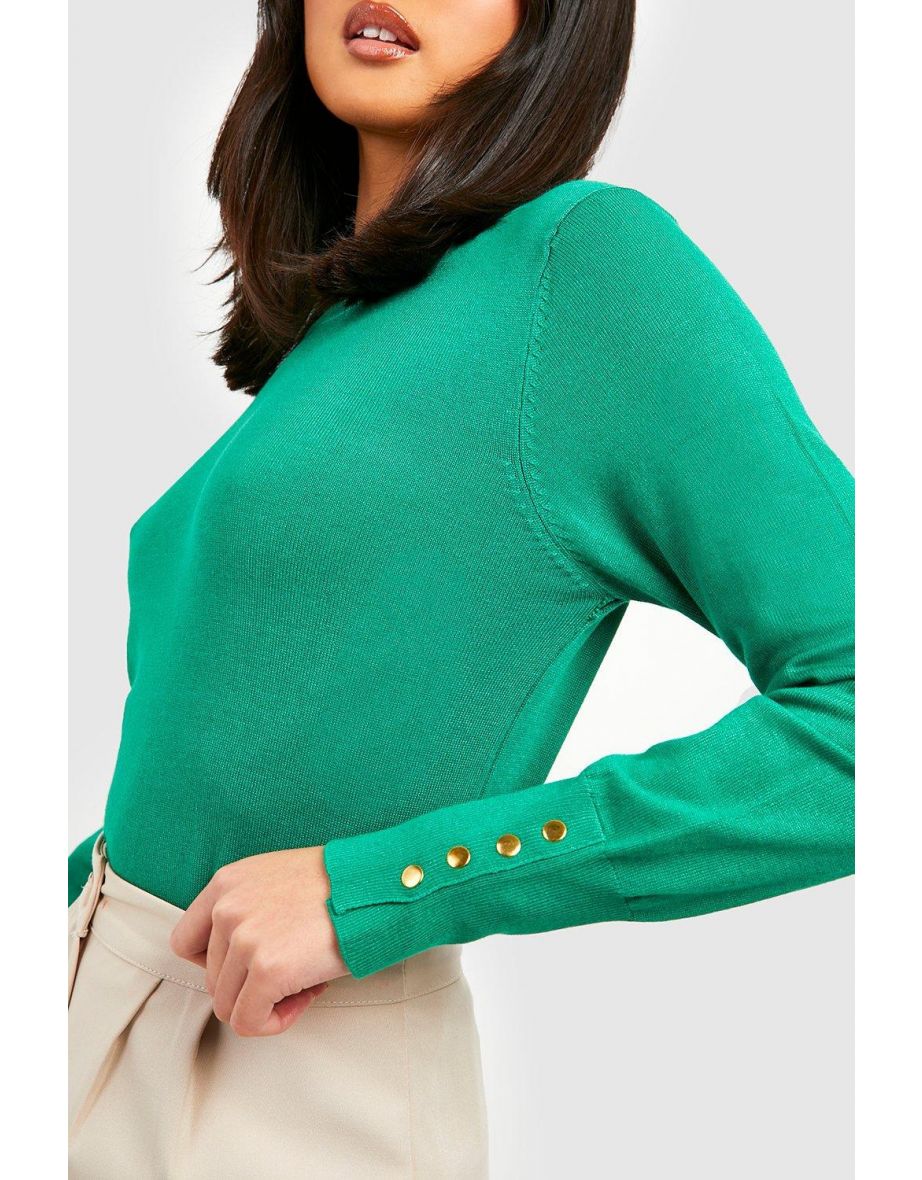 Gold Button Detail Fine Gauge Jumper - green - 3