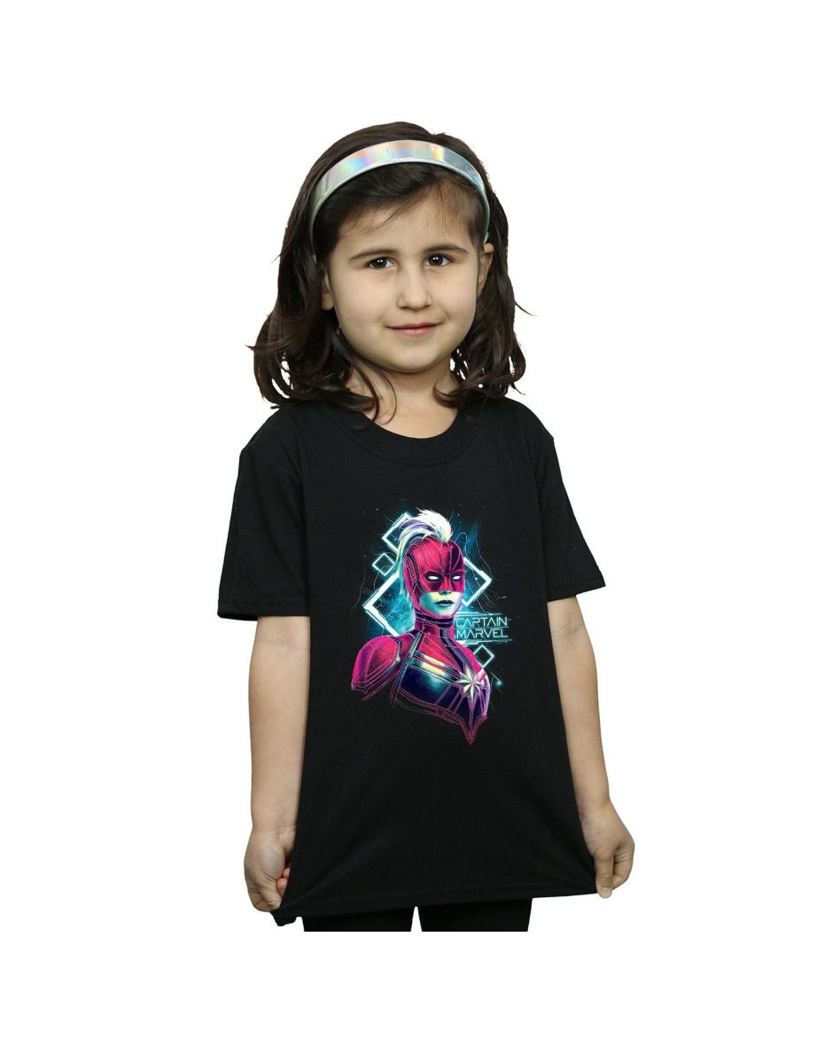 Marvel Girls Captain Marvel Neon Warrior Cotton T-Shirt - Black