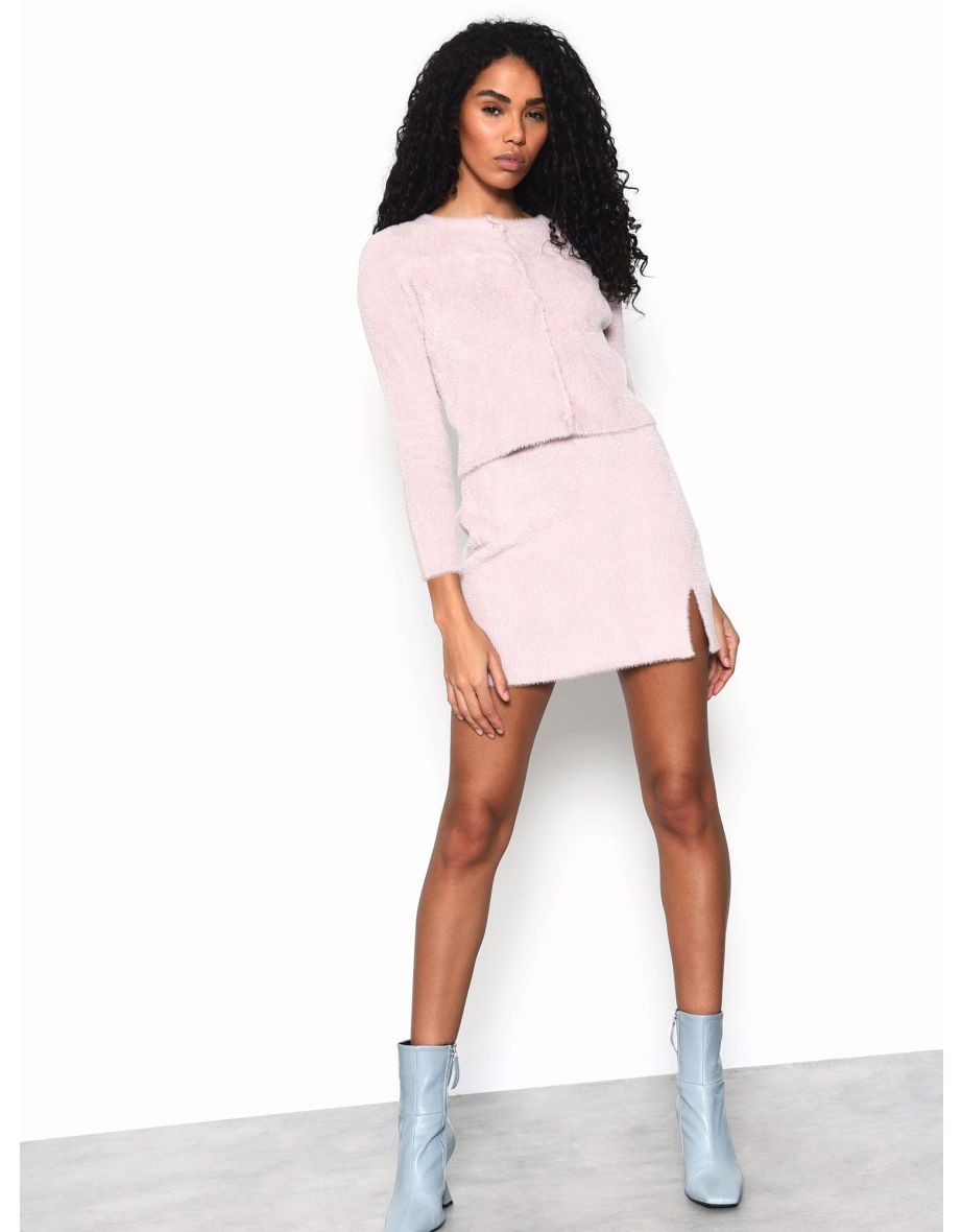 Pale Pink Cropped Long Sleeve Fur Cardigan