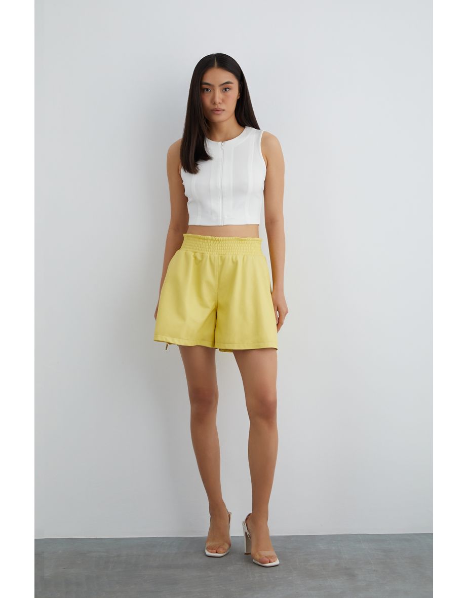 Yellow Leather Shorts With Elastic Waist and Side Zipper Slits