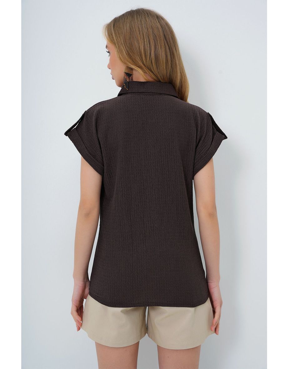 Women's Brown Cuffed Double Short Sleeve Textured Shirt - 5