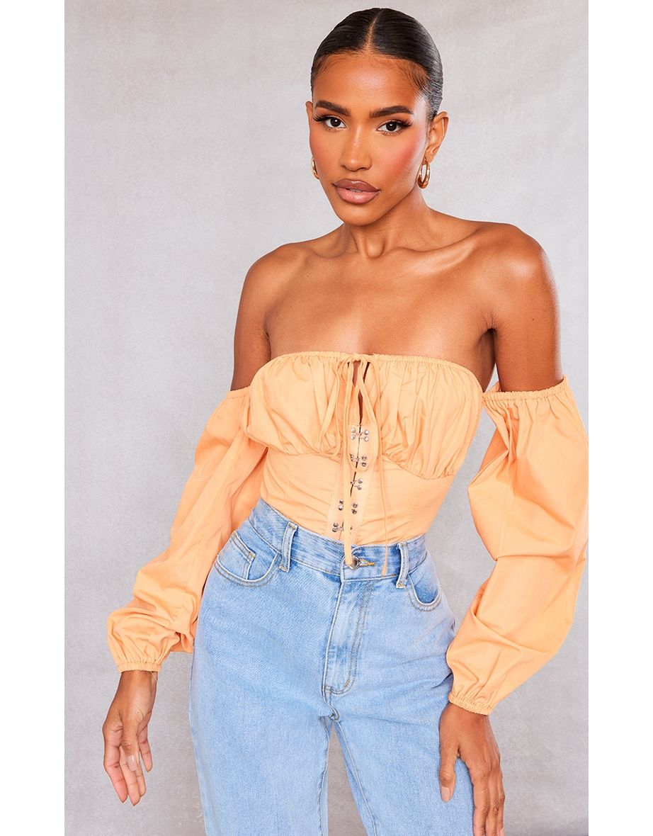 Orange Hook & Eye Bardot Long Sleeve Bodysuit