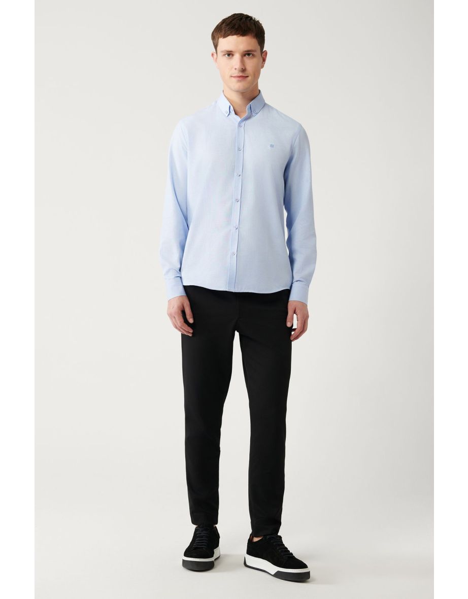 Men's Light Blue Button Collar Easy Ironable Oxford Cotton Regular Fit Shirt - 3