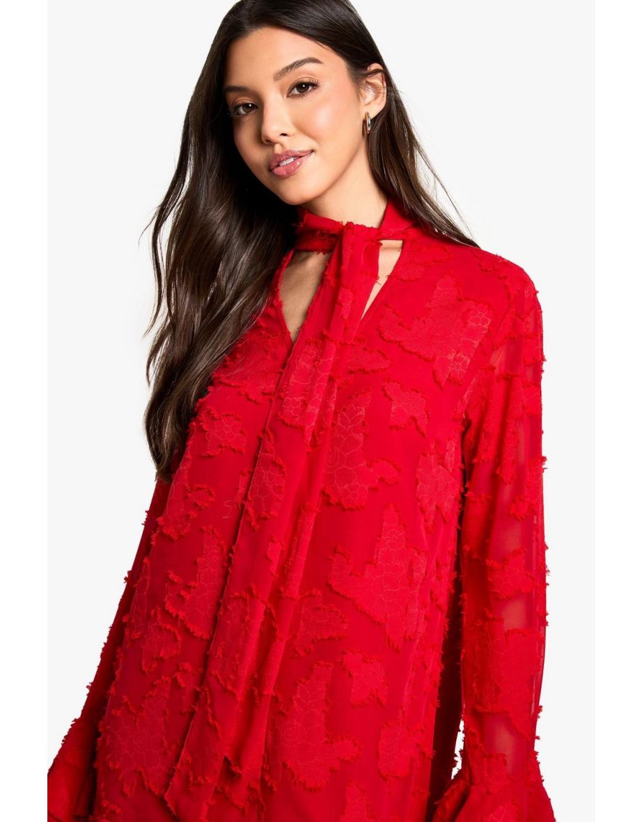 Burnout Floral Ruffle Smock Dress - red - 3