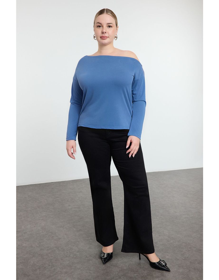 Indigo 100% Modal Fabric Boat Neck Relaxed/Comfortable Cut Knitted Blouse