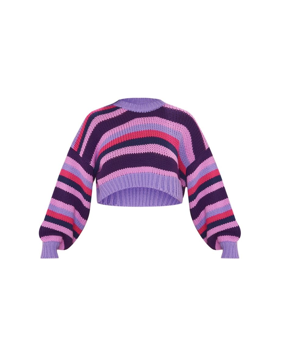 Lilac Super Chunky Knit Striped Oversized Crop Jumper - 4