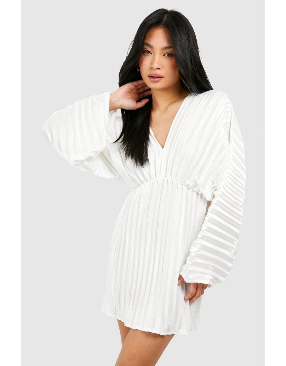 Petite Pleated Satin Batwing Mini Dress - white