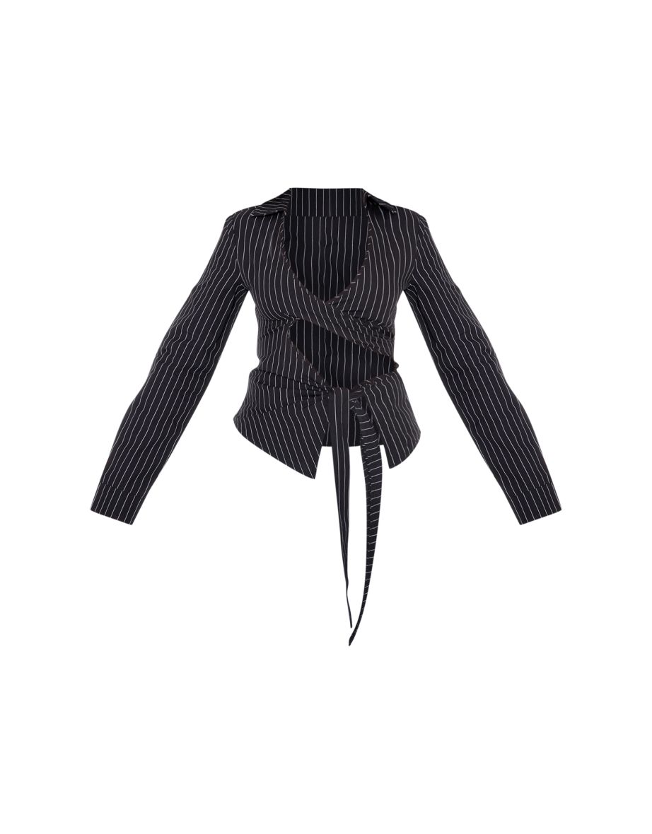 Black Pinstripe Tie Front Cut Out Shirt - 4