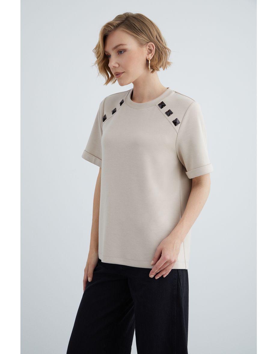 Beige Comfort Fit Double Sleeve T-Shirt - 2