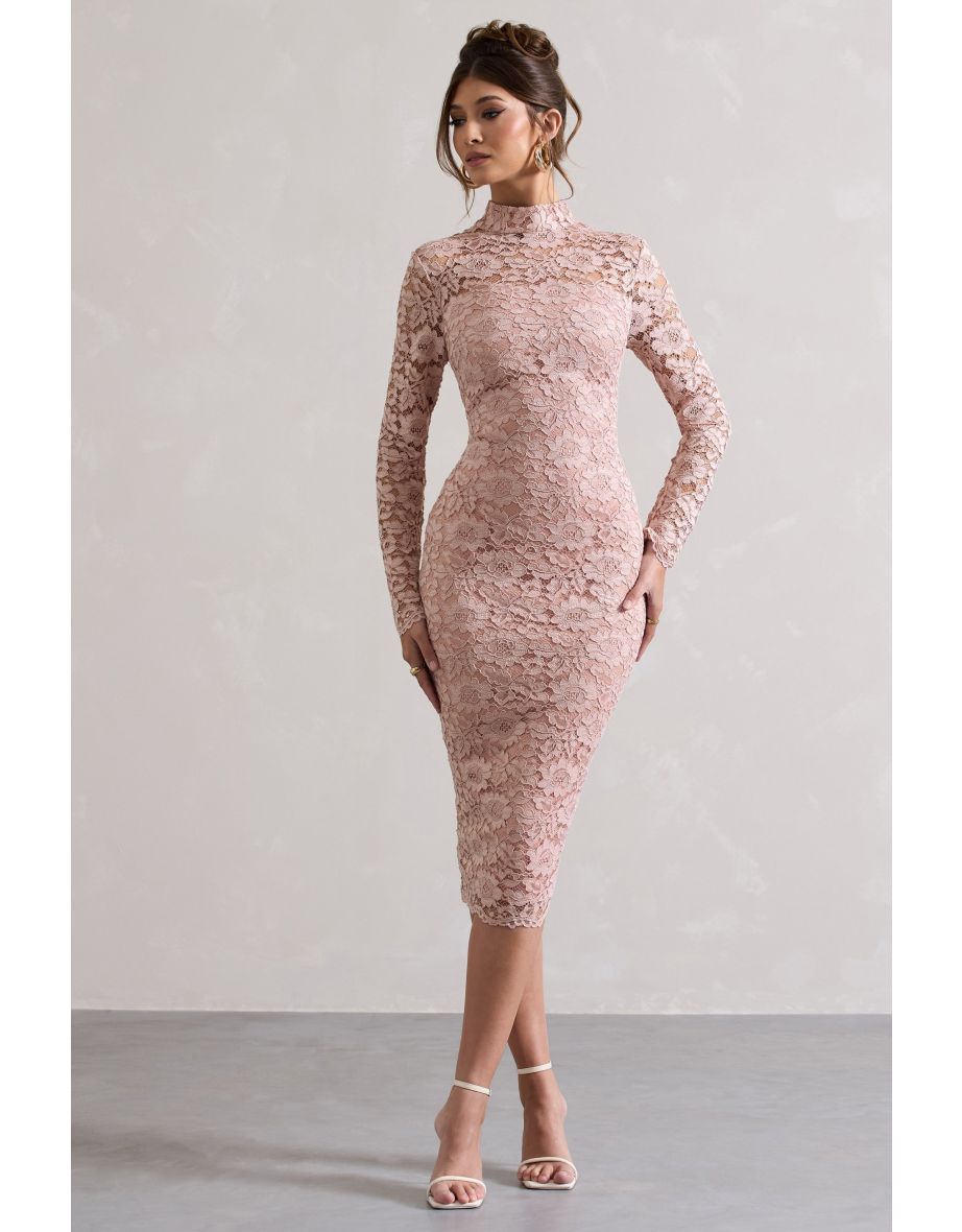 Rumour | Blush Pink Lace High-Neck Midi Dress