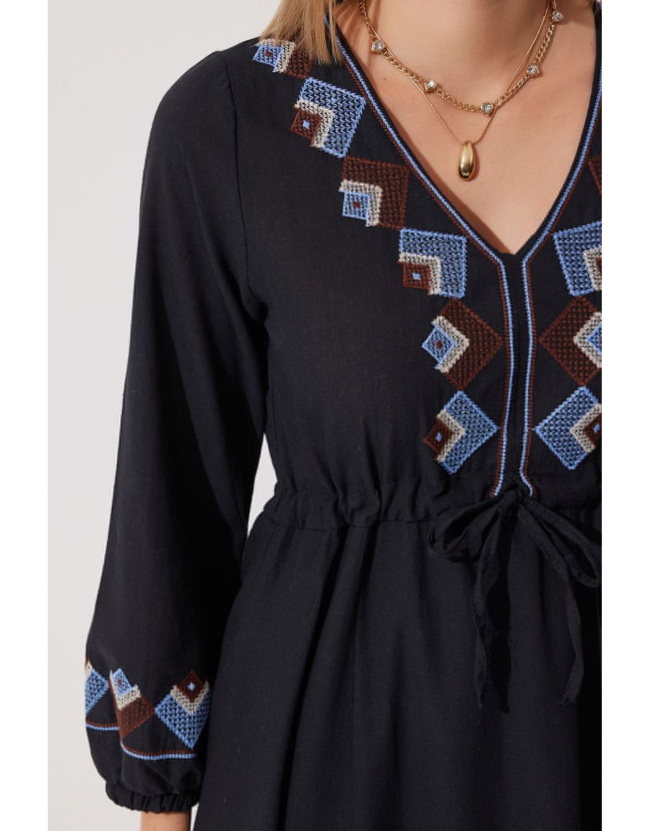 Women's Black Embroidery Detailed Oversize Linen Dress RG00027 - 7