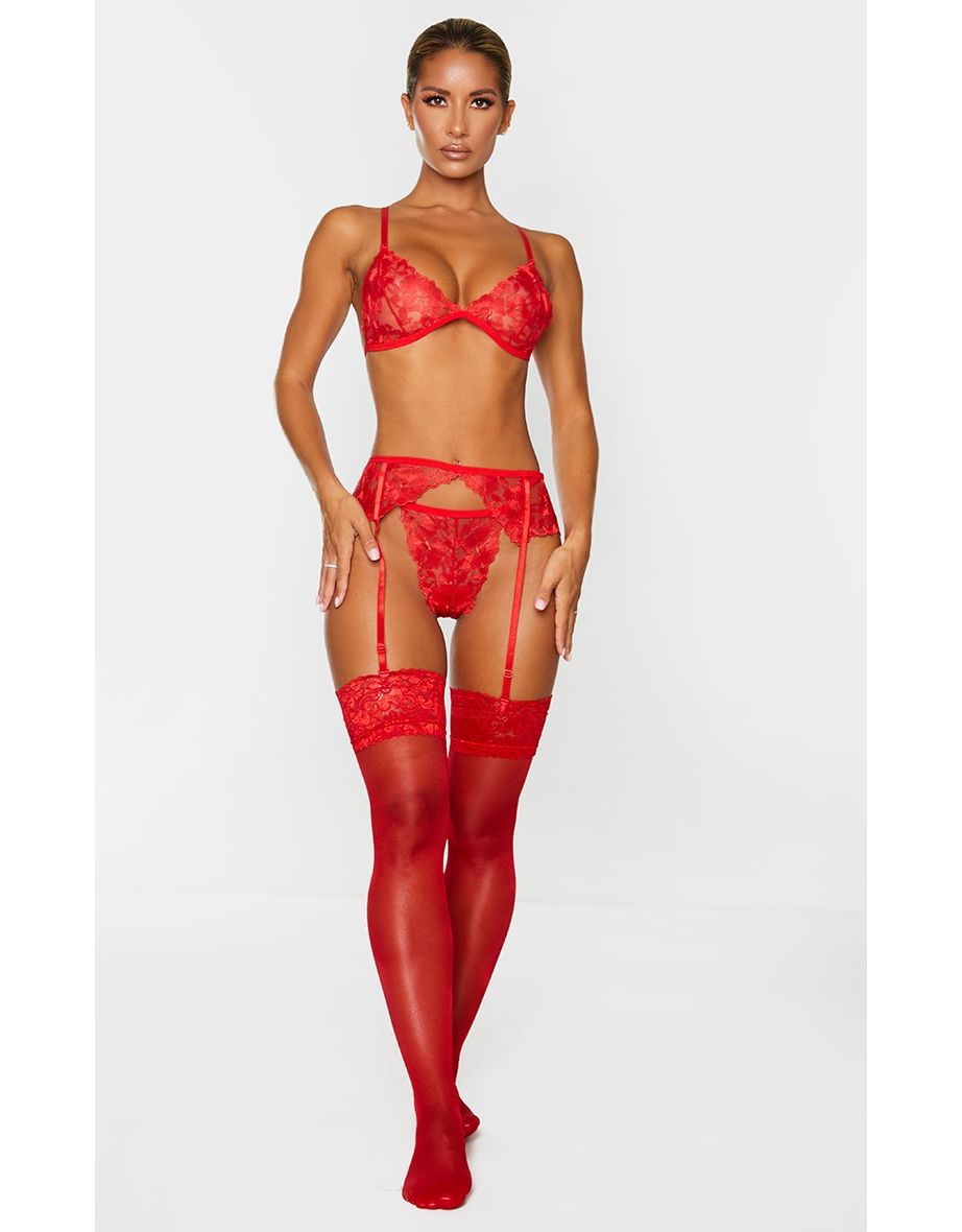 Red Floral Strapping 3 Piece Lingerie Set