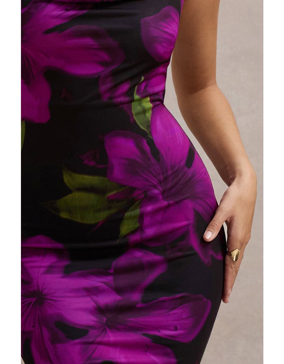 Lotus | Purple Floral Print Cowl-Neck Maxi Dress - 5