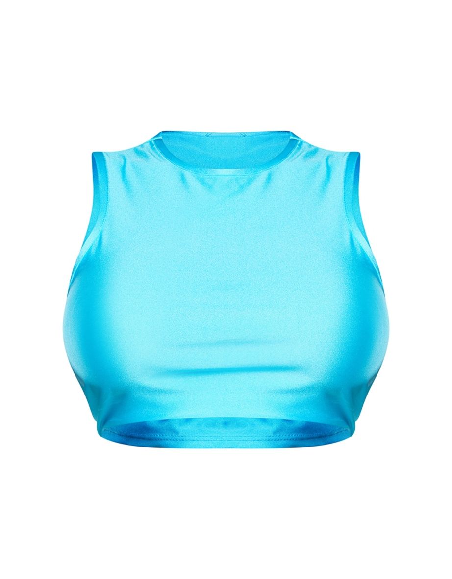 Petite Aqua Blue Disco Slinky Racer Crop Top - 4