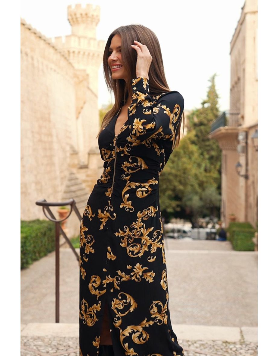 Black & Gold Baroque Print Zip Front Dress - 4