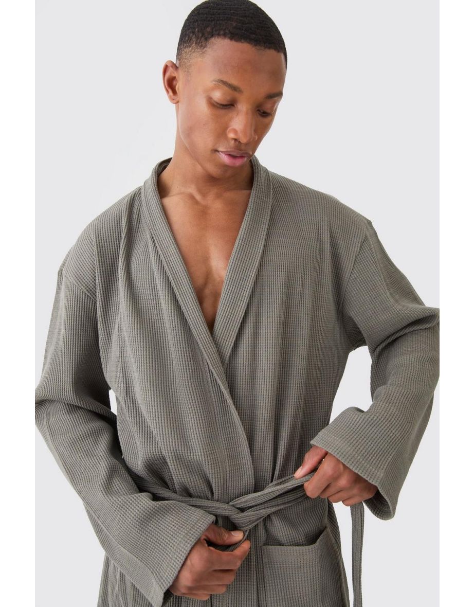 Lightweight Waffle Loungewear Robe In Khaki - khaki - 2