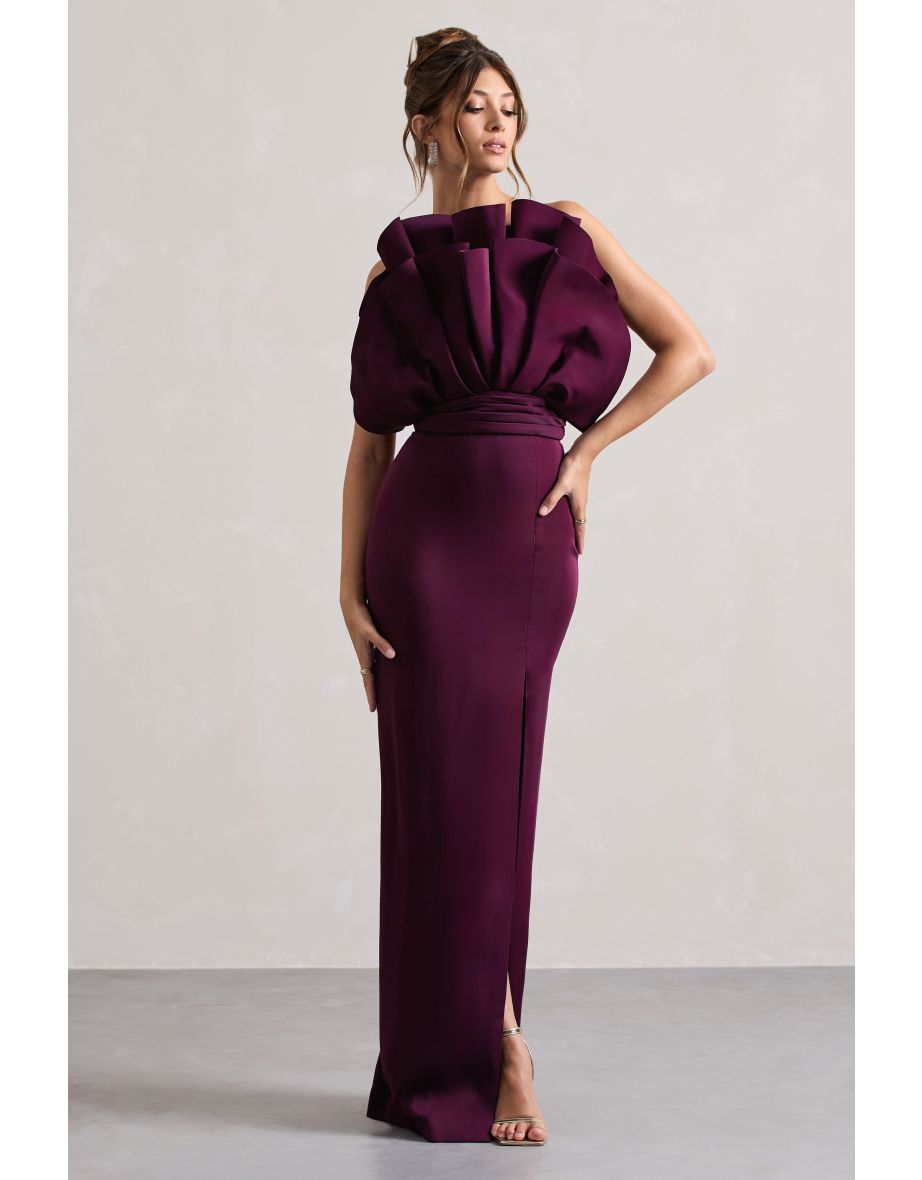 Shop Set The Bar | Plum Ruffled Strapless Split Maxi Dress Online in ...