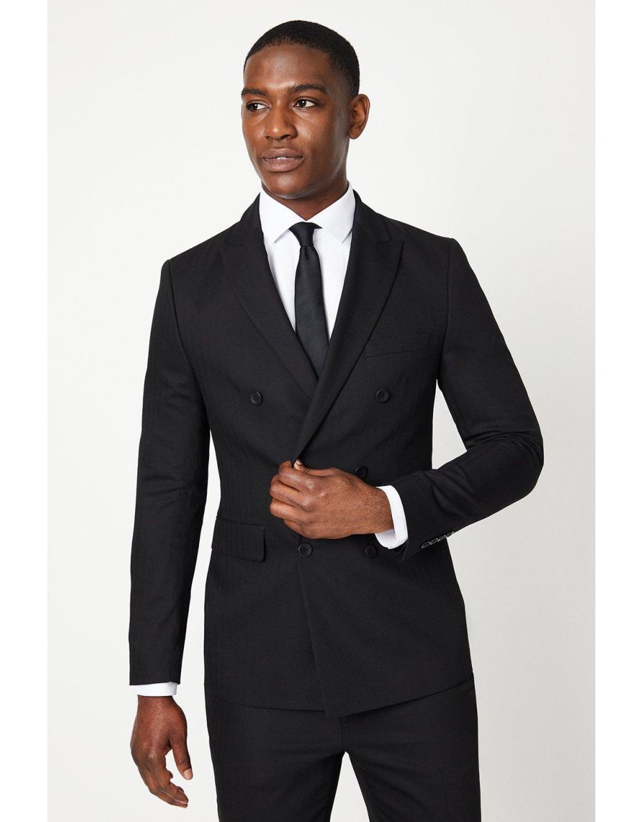 Black Herringbone Double Breasted Suit Jacket