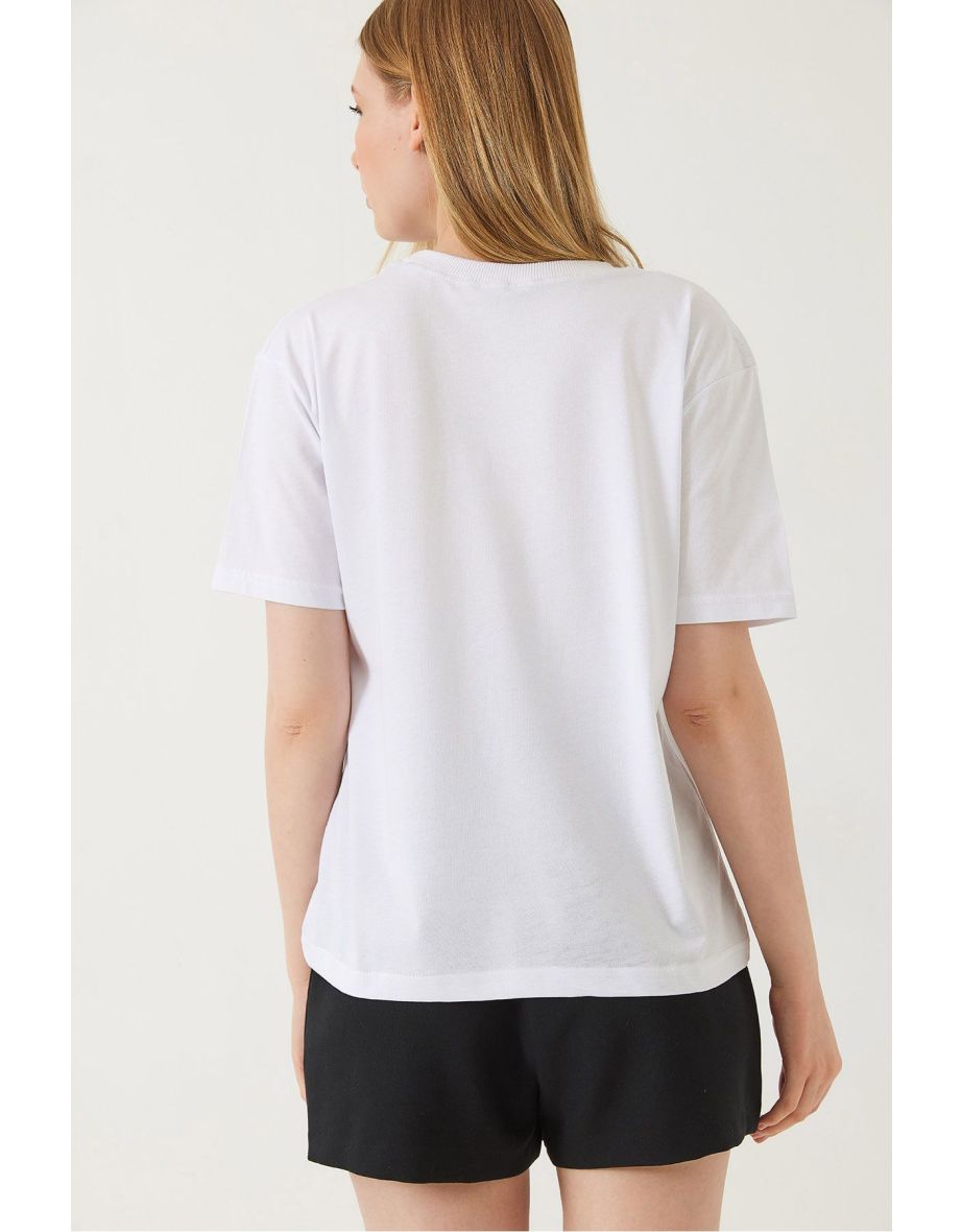 Women's Decorative Stitched Crew Neck T-shirt - 5