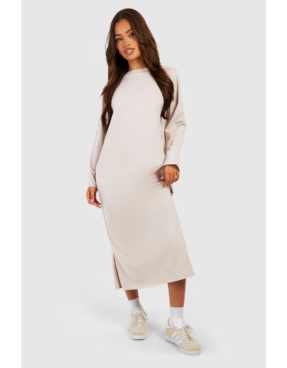 Shop Oversized Long Sleeve Midaxi T shirt Dress stone Online in Qatar VogaCloset