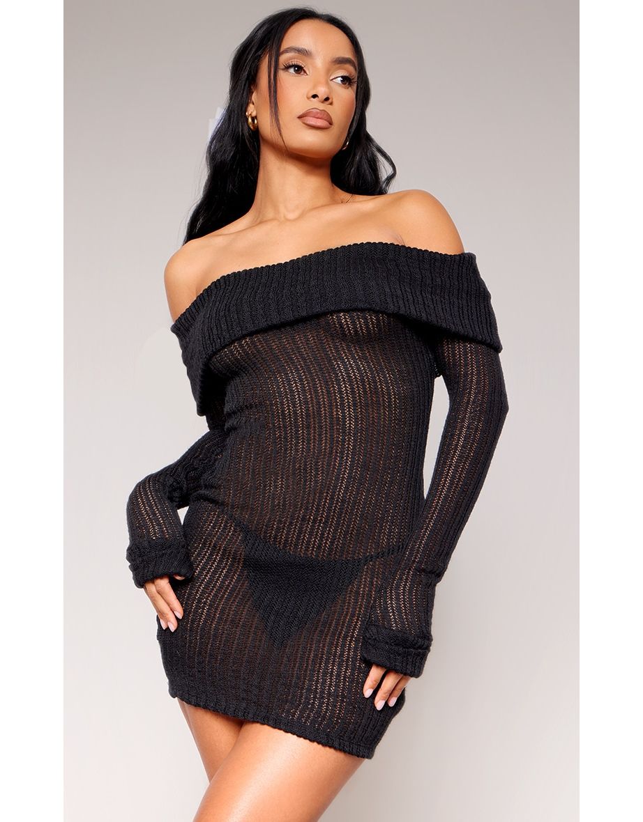 Shop Black Rib Fold Over Bardot Bodycon Dress Online in Bahrain VogaCloset