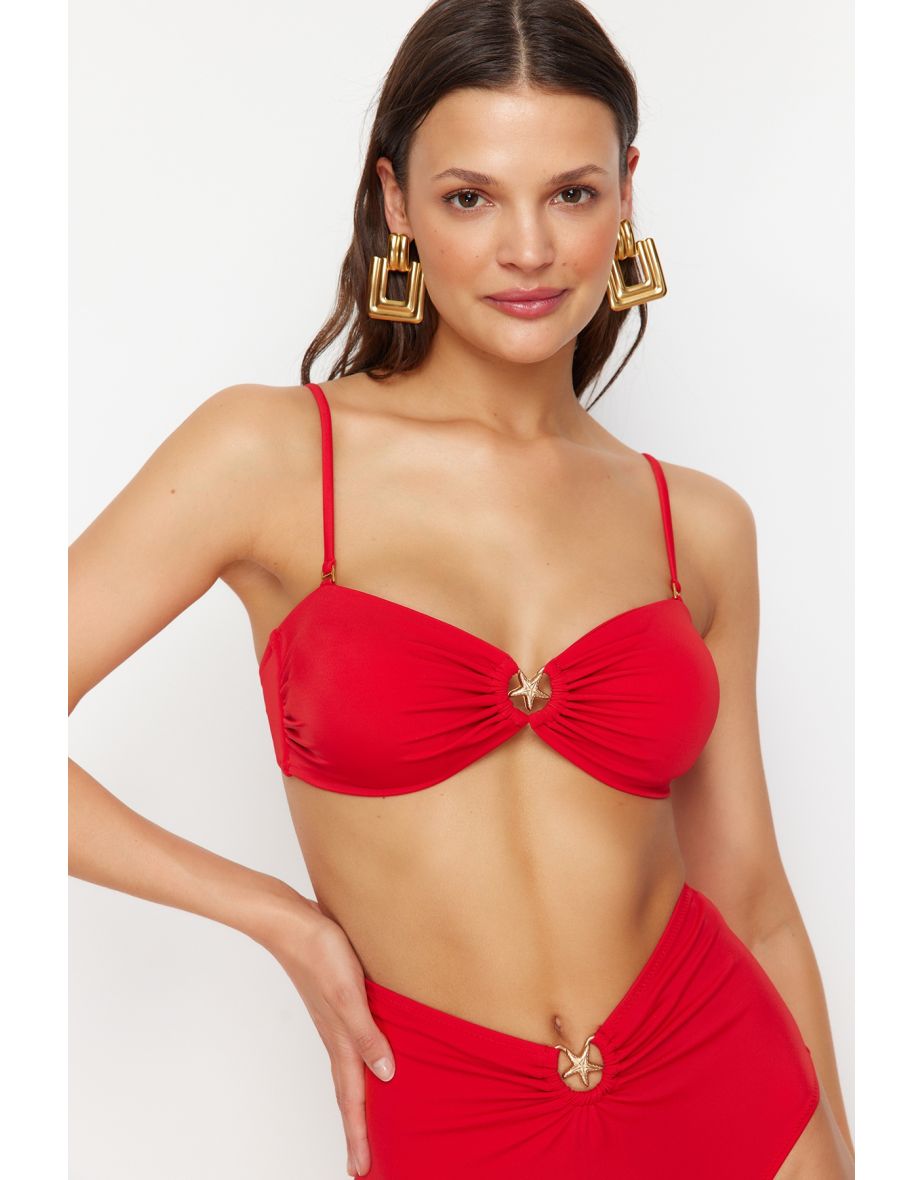 Red  Plain Strapless Bikini Tops with Straps