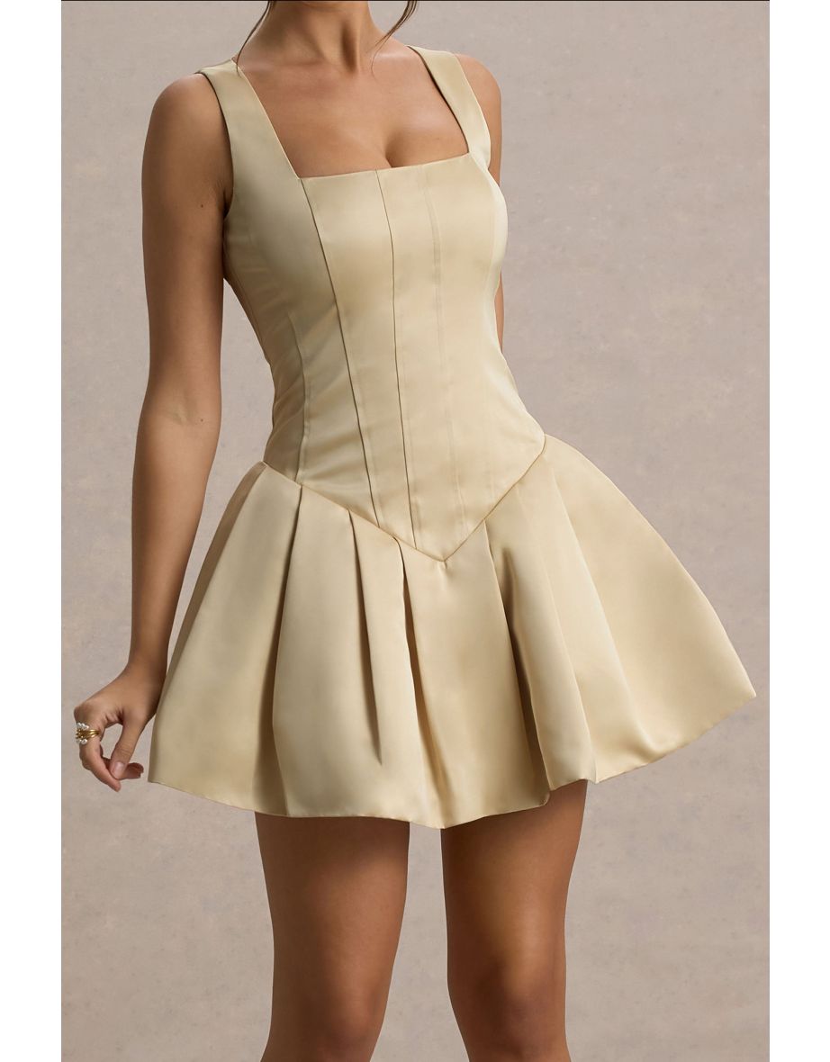 Bramble | Ivory Satin Square-Neck Puffball Mini Dress - 5