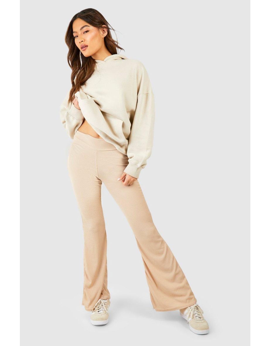 Shaper Waistband High Waisted Ribbed Flared Leggings - stone