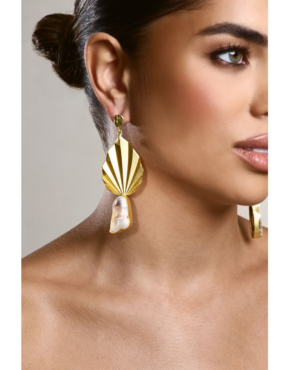 Aloha | Gold Leaf Drop Earrings With Iridescent Shell - 7