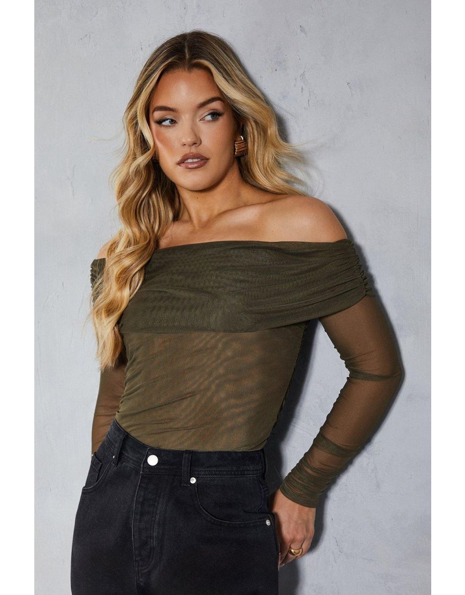 Mesh Ruched Drape Bardot Long Sleeve Top - 3