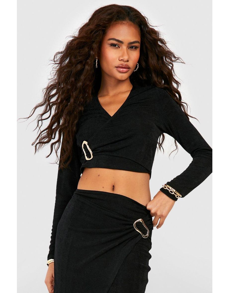 Wrap Over Metal Ring Crop Top - black