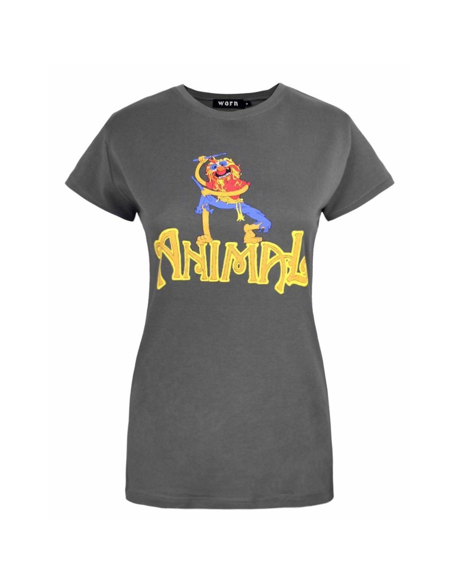 Worn Womens/Ladies Animal Drummer The Muppets T-Shirt - Charcoal