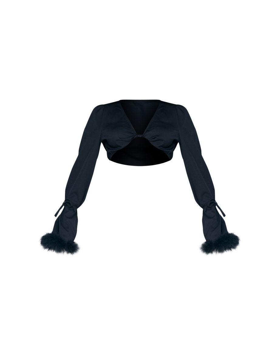 Black Woven Feather Trim Twist Front Crop Top - 4