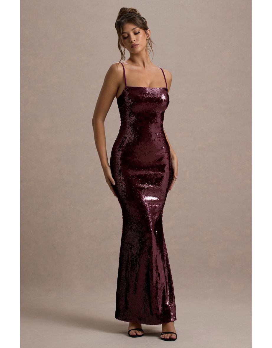 Crystalline | Berry Sequin Strappy Maxi Dress