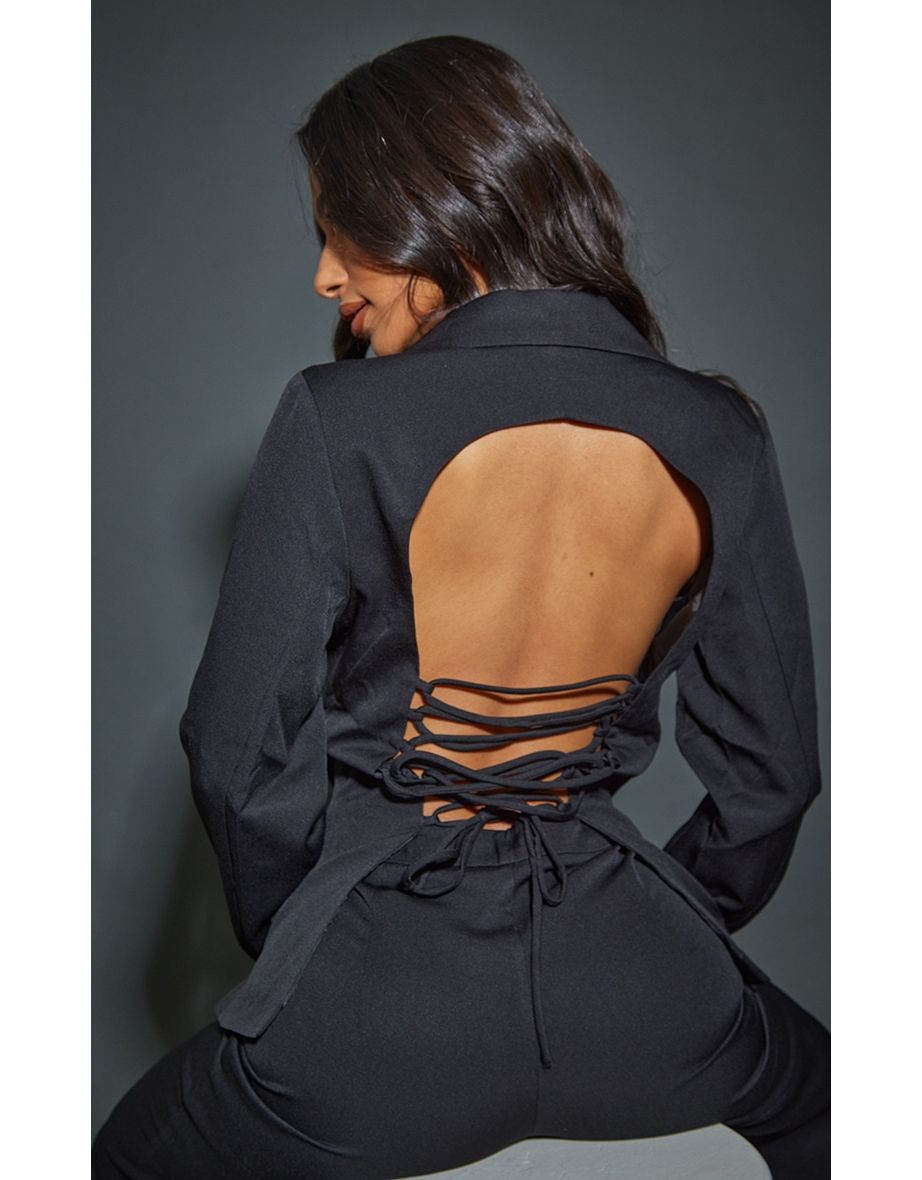 black fitted lace up back blazer