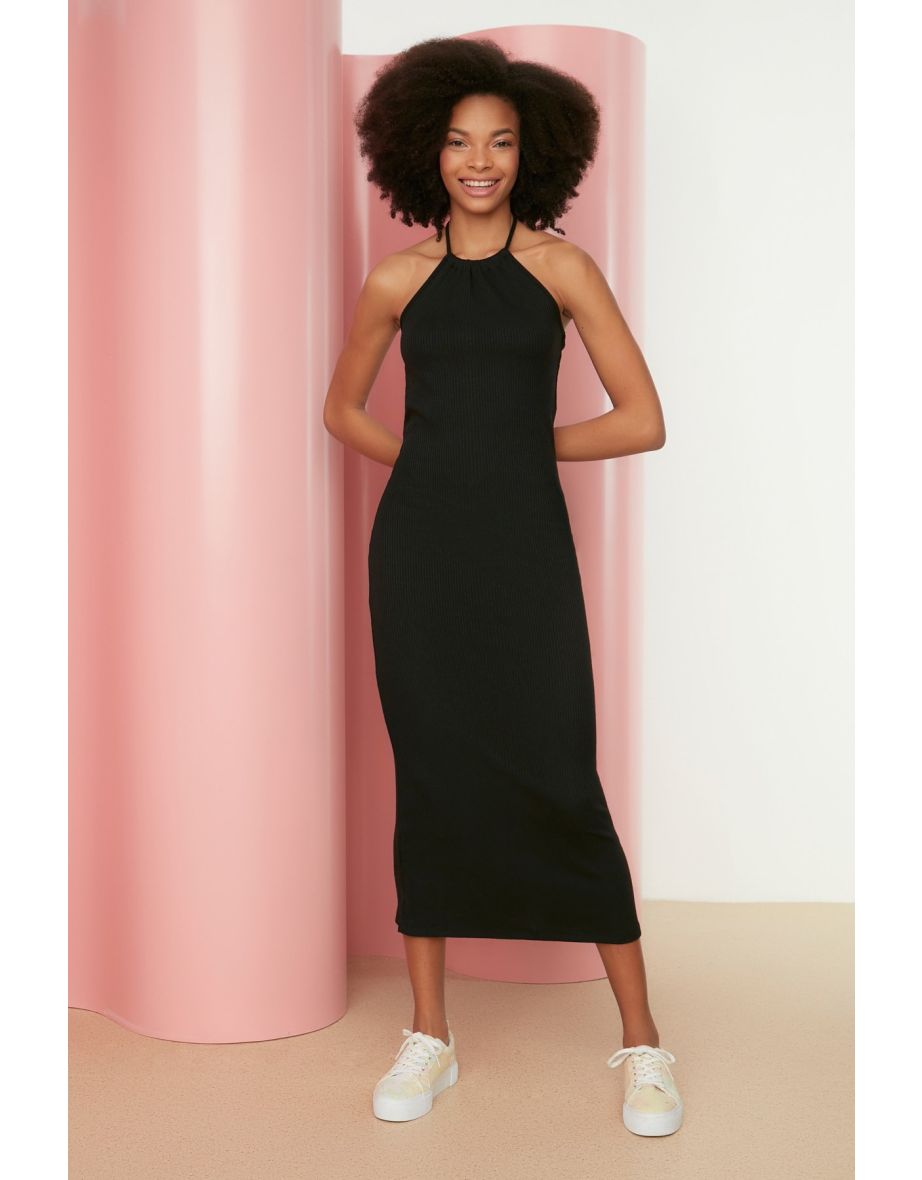 Black Halter Neck Bodycon Midaxi Slip Dress
