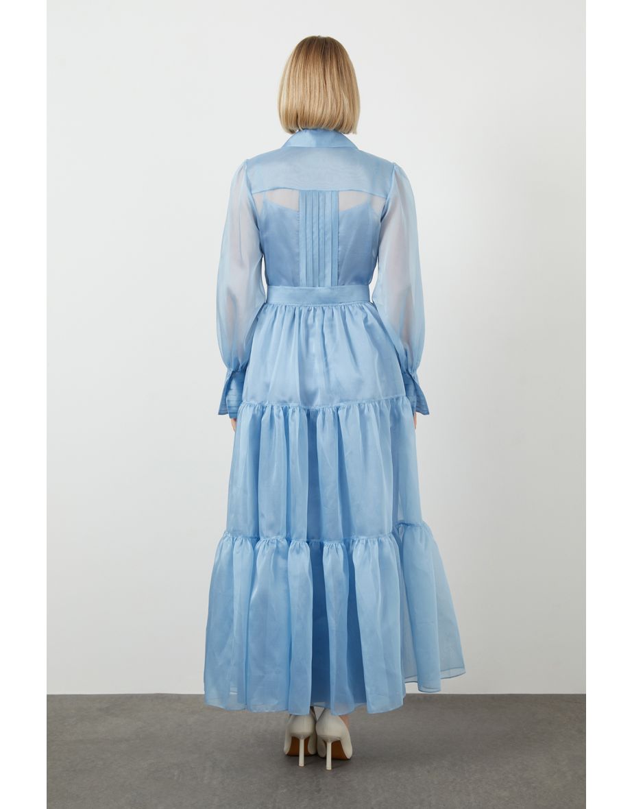 Embellished Shirt Collar Blue Dress - 3